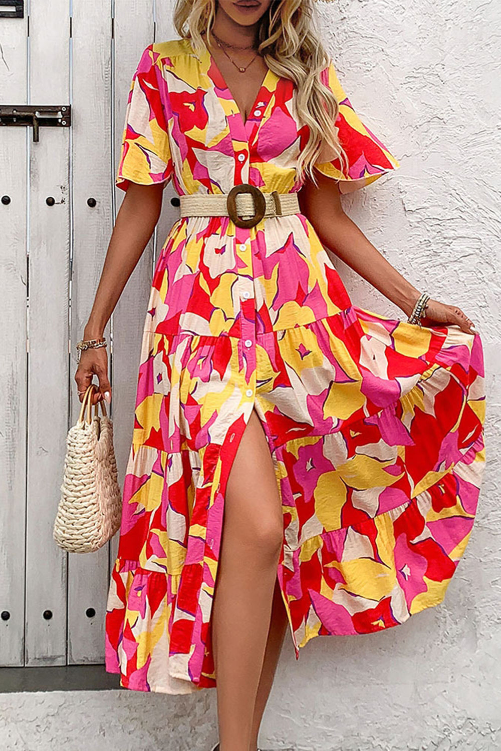 Fuchsia Floral Printed A Line Long Summer Dress with Belt