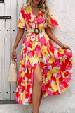 Fuchsia Floral Printed A Line Long Summer Dress with Belt
