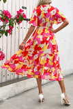 Fuchsia Floral Printed A Line Long Summer Dress with Belt