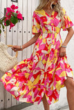Fuchsia Floral Printed A Line Long Summer Dress with Belt
