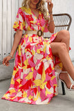 Fuchsia Floral Printed A Line Long Summer Dress with Belt
