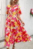 Fuchsia Floral Printed A Line Long Summer Dress with Belt