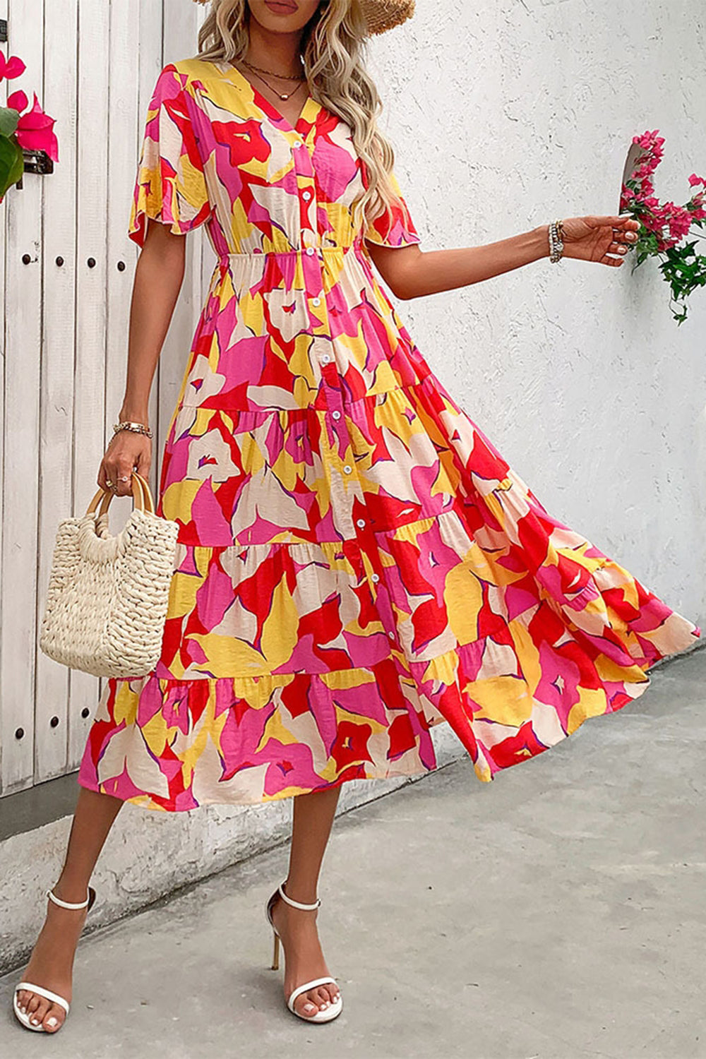 Fuchsia Floral Printed A Line Long Summer Dress with Belt