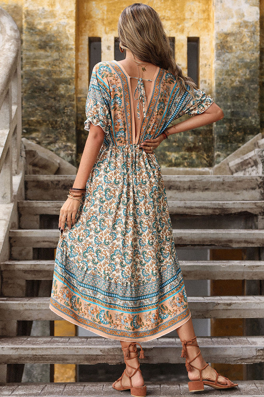 Red Printed A Line V Neck Half Sleeves High-Low Summer Dress