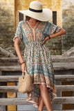 Red Printed A Line V Neck Half Sleeves High-Low Summer Dress