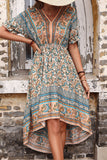 Red Printed A Line V Neck Half Sleeves High-Low Summer Dress