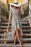 Red Printed A Line V Neck Half Sleeves High-Low Summer Dress
