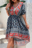 Red Printed A Line V Neck Half Sleeves High-Low Summer Dress