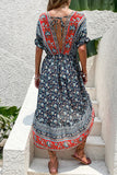 Red Printed A Line V Neck Half Sleeves High-Low Summer Dress