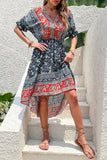 Red Printed A Line V Neck Half Sleeves High-Low Summer Dress