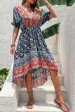Red Printed A Line V Neck Half Sleeves High-Low Summer Dress