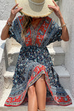 Red Printed A Line V Neck Half Sleeves High-Low Summer Dress