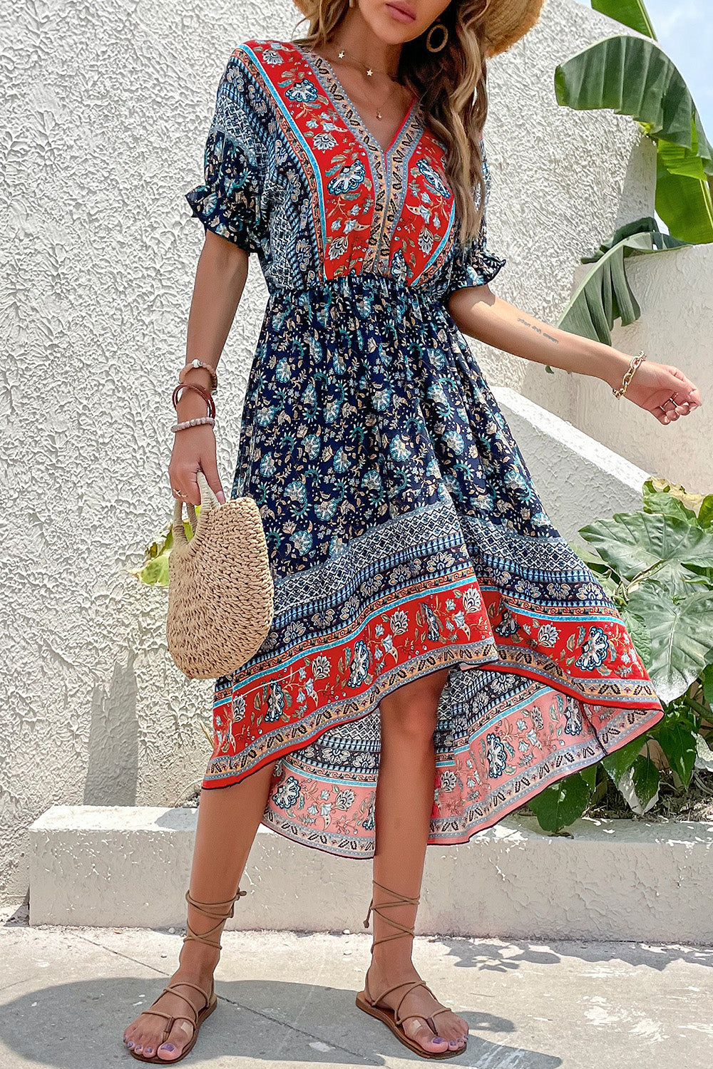 Red Printed A Line V Neck Half Sleeves High-Low Summer Dress