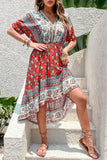 Red Printed A Line V Neck Half Sleeves High-Low Summer Dress
