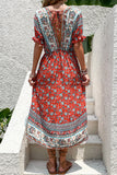 Red Printed A Line V Neck Half Sleeves High-Low Summer Dress
