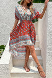 Red Printed A Line V Neck Half Sleeves High-Low Summer Dress