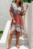 Red Printed A Line V Neck Half Sleeves High-Low Summer Dress