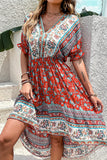 Red Printed A Line V Neck Half Sleeves High-Low Summer Dress