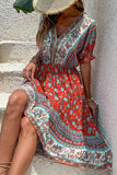 Red Printed A Line V Neck Half Sleeves High-Low Summer Dress