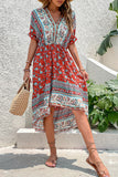 Red Printed A Line V Neck Half Sleeves High-Low Summer Dress