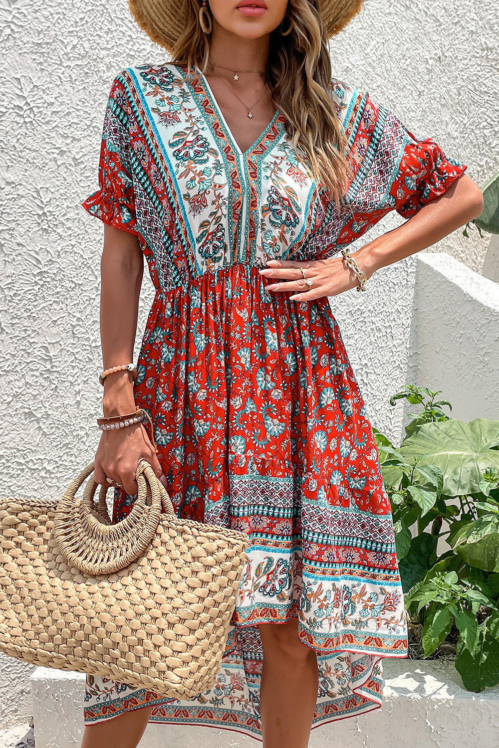 Red Printed A Line V Neck Half Sleeves High-Low Summer Dress