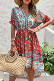 Red Printed A Line V Neck Half Sleeves High-Low Summer Dress