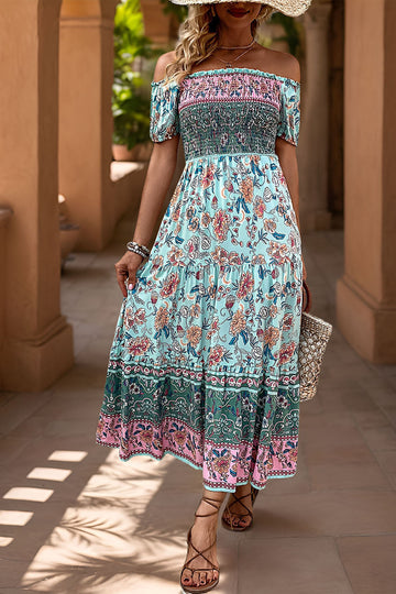 Green Printed Off the Shoulder A Line Long Summer Dress