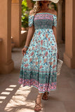 Green Printed Off the Shoulder A Line Long Summer Dress