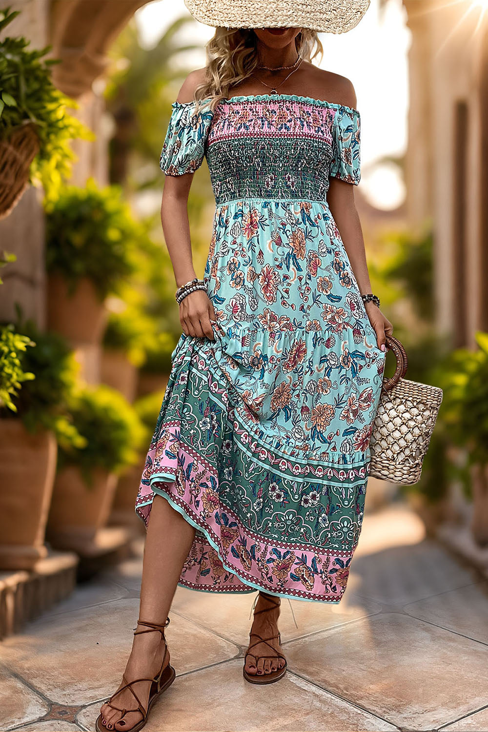 Green Printed Off the Shoulder A Line Long Summer Dress