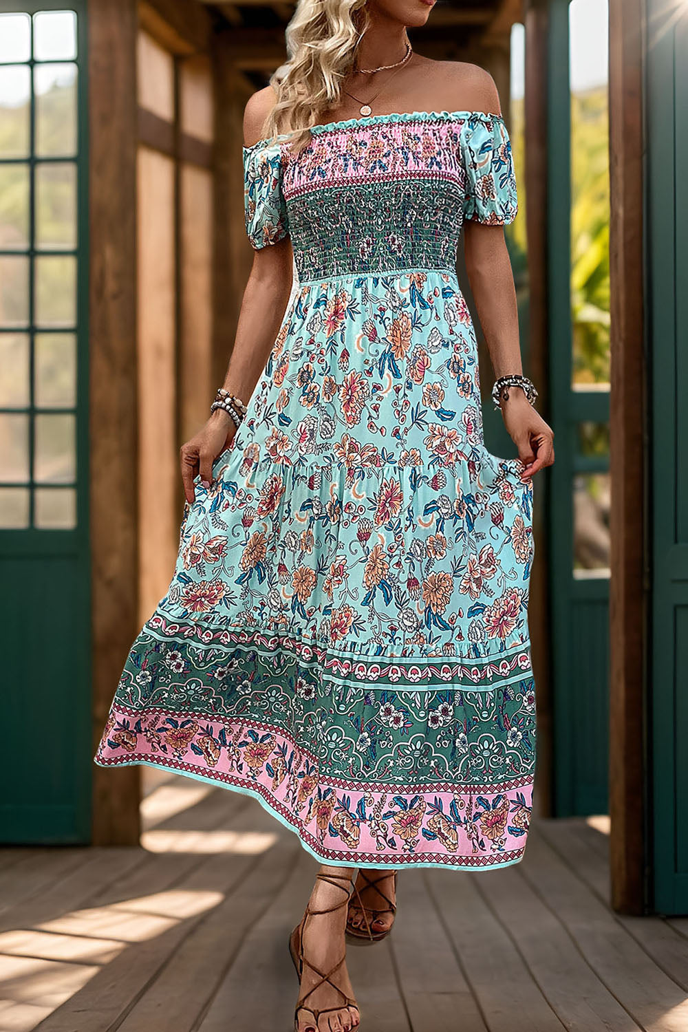 Green Printed Off the Shoulder A Line Long Summer Dress
