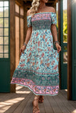 Green Printed Off the Shoulder A Line Long Summer Dress