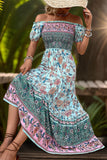Green Printed Off the Shoulder A Line Long Summer Dress