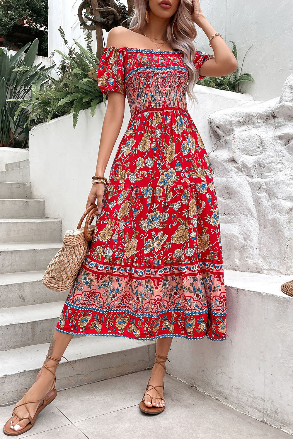 Green Printed Off the Shoulder A Line Long Summer Dress