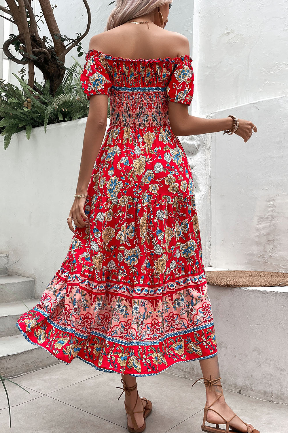 Green Printed Off the Shoulder A Line Long Summer Dress