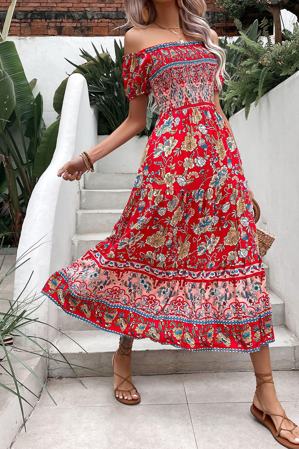 Green Printed Off the Shoulder A Line Long Summer Dress