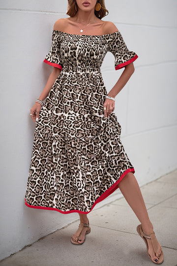 Brown Leopard Off the Shoulder Half Sleeves A Line Long Summer Dress