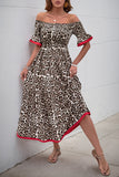Brown Leopard Off the Shoulder Half Sleeves A Line Long Summer Dress