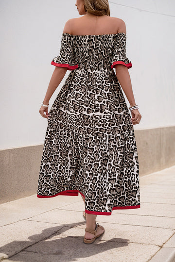Brown Leopard Off the Shoulder Half Sleeves A Line Long Summer Dress