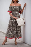 Brown Leopard Off the Shoulder Half Sleeves A Line Long Summer Dress