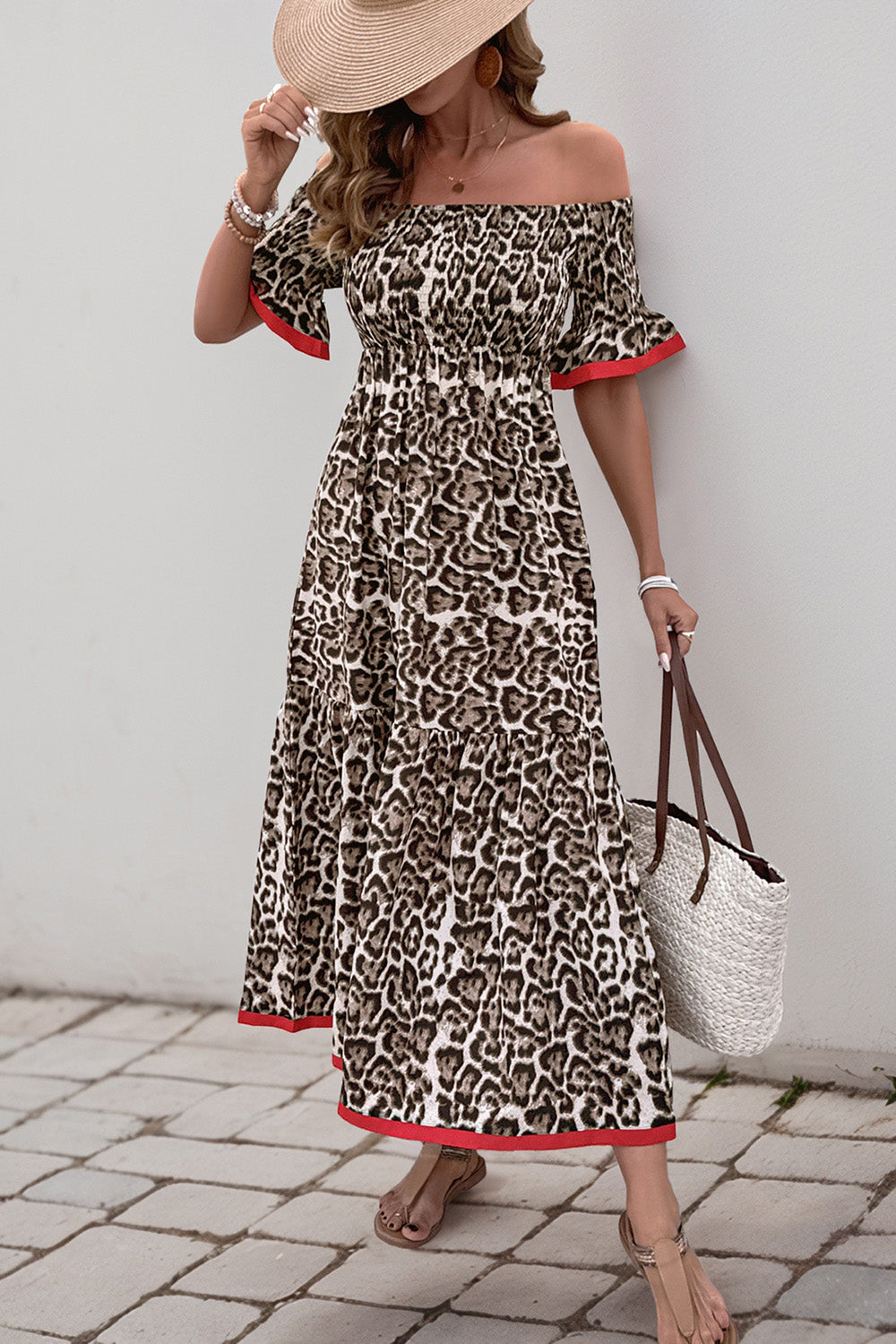 Brown Leopard Off the Shoulder Half Sleeves A Line Long Summer Dress
