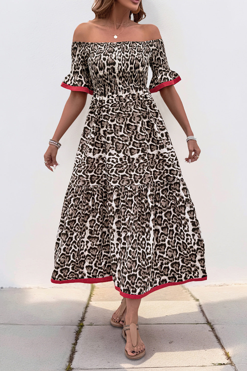 Brown Leopard Off the Shoulder Half Sleeves A Line Long Summer Dress