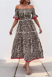 Brown Leopard Off the Shoulder Half Sleeves A Line Long Summer Dress