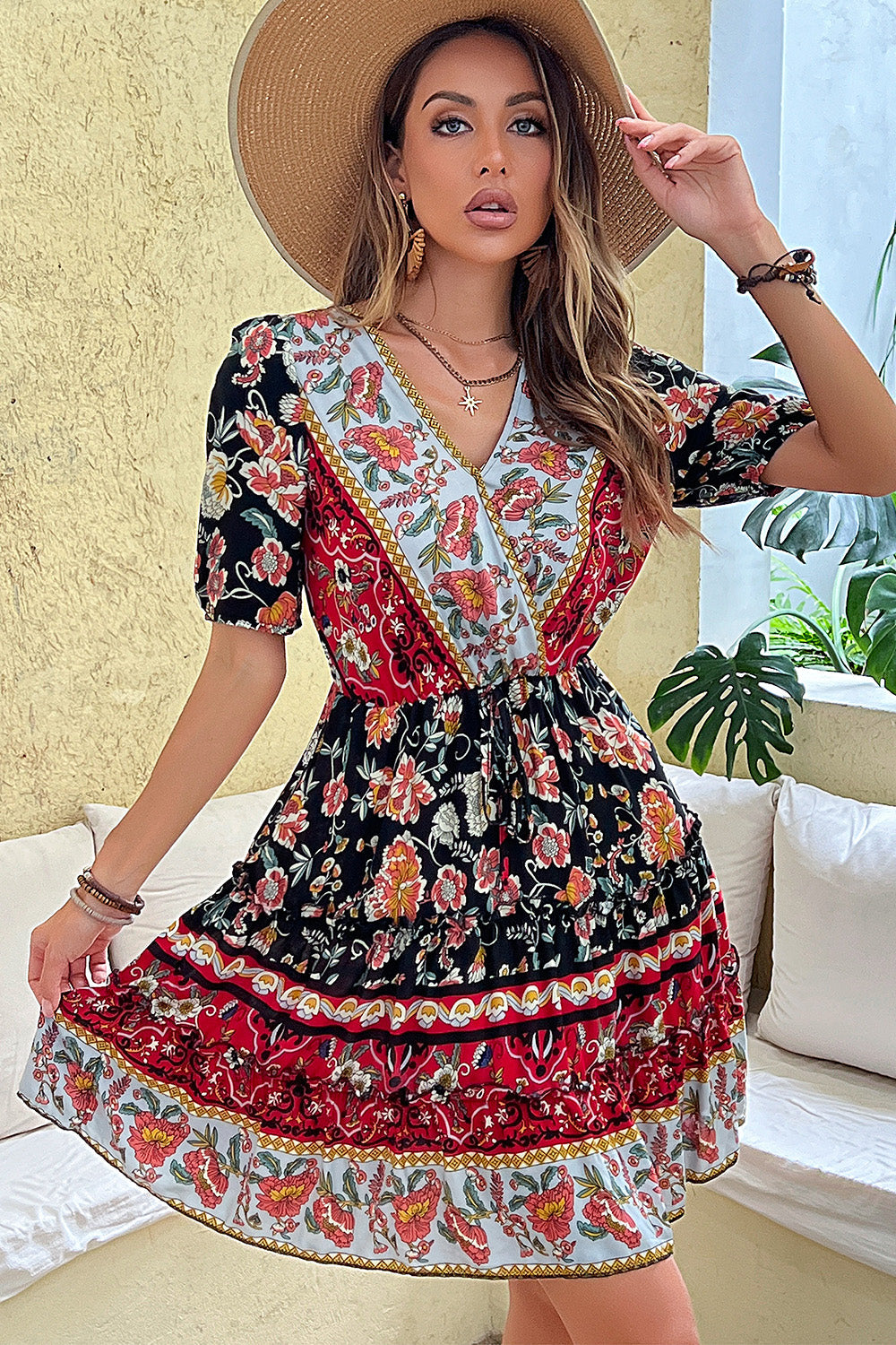 Black Red Printed A Line V Neck Short Summer Dress with Half Sleeves