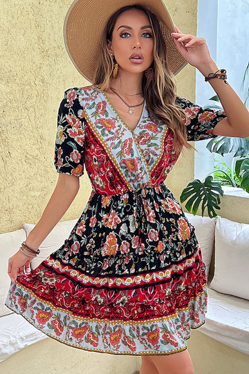 Black Red Printed A Line V Neck Short Summer Dress with Half Sleeves