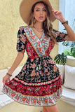 Black Red Printed A Line V Neck Short Summer Dress with Half Sleeves