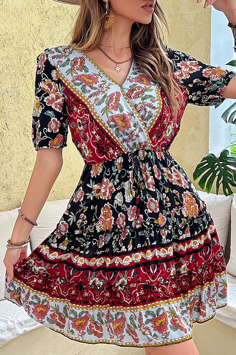 Black Red Printed A Line V Neck Short Summer Dress with Half Sleeves