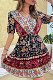 Black Red Printed A Line V Neck Short Summer Dress with Half Sleeves