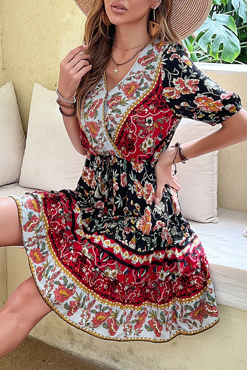 Black Red Printed A Line V Neck Short Summer Dress with Half Sleeves