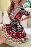 Black Red Printed A Line V Neck Short Summer Dress with Half Sleeves