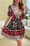 Black Red Printed A Line V Neck Short Summer Dress with Half Sleeves